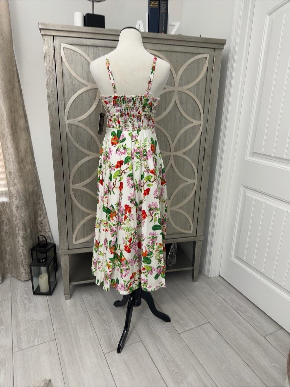 Taylor White Midi Dress with Pink and Green Floral Print - Picture 2 of 4